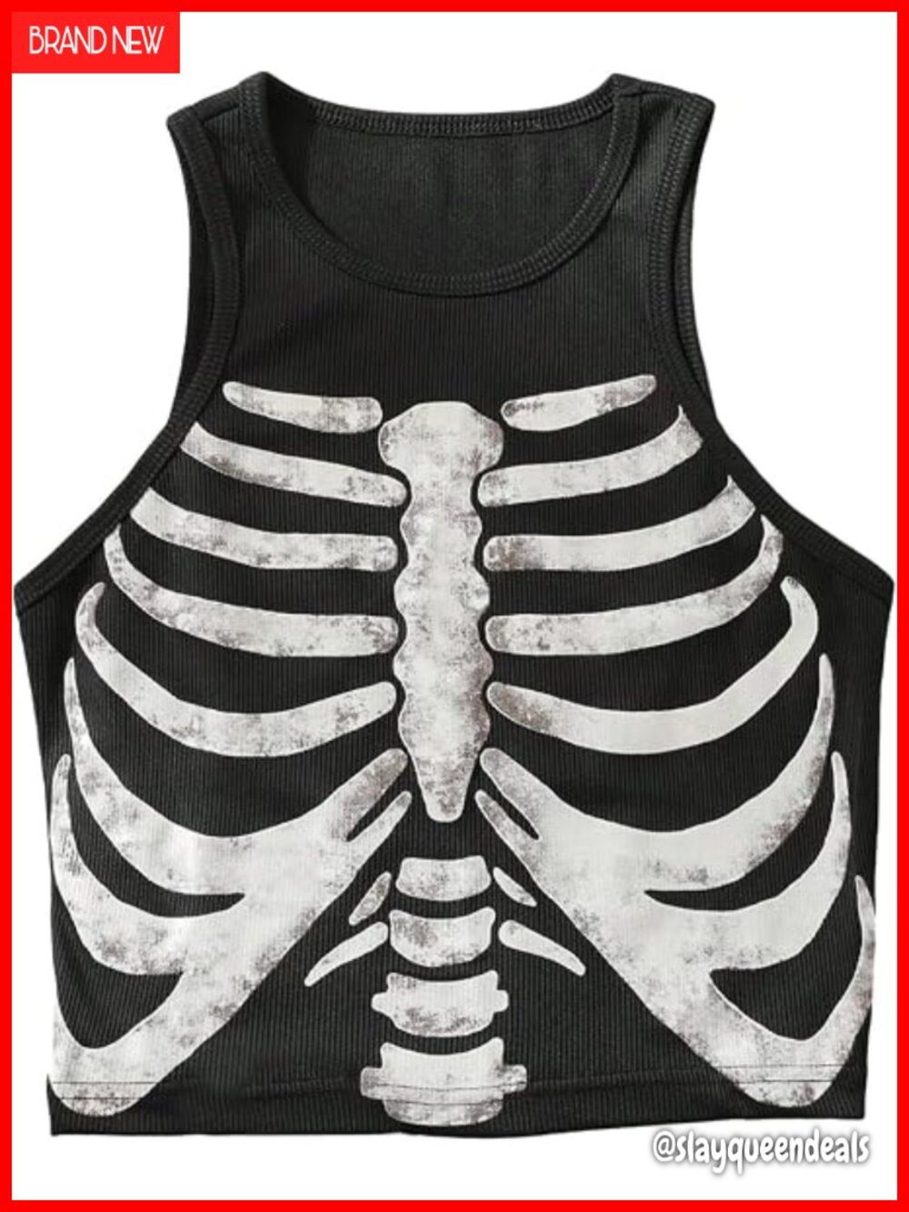 Ribbed Knit Skeleton Print Crew Neck Fitted Crop Tank Top